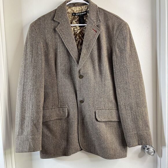 DKNY Tweed Jacket Brown Herringbone Wool Blazer Sport Coat 42R L Single Vent - Picture 1 of 9